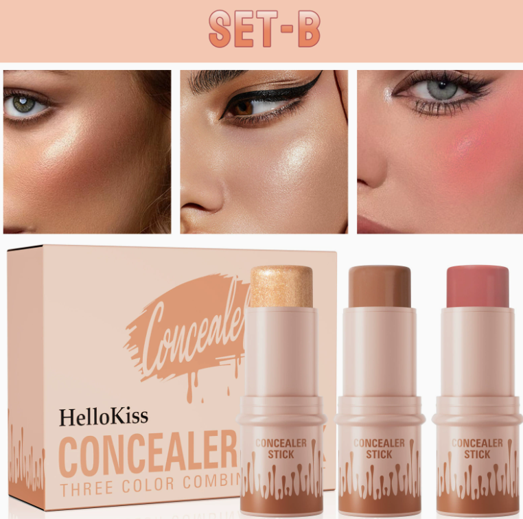 HelloKiss 3-in-1 Contouring Stick Set – Highlight, Contour & Blush for a Sculpted Face