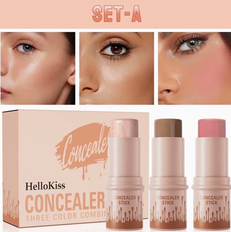 HelloKiss 3-in-1 Contouring Stick Set – Highlight, Contour & Blush for a Sculpted Face